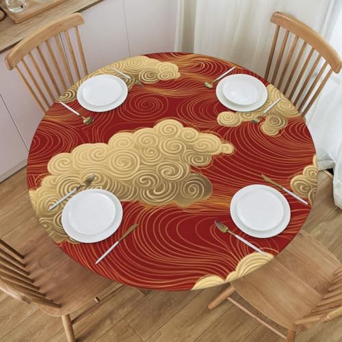 Bedbliss Runde Tischdecke mit rotem und goldenem Druck, mit elastischem Rand, wiederverwendbar, für den Außenbereich, runde Tischdecke für Küche, Picknick, Patry Indoor von Bedbliss