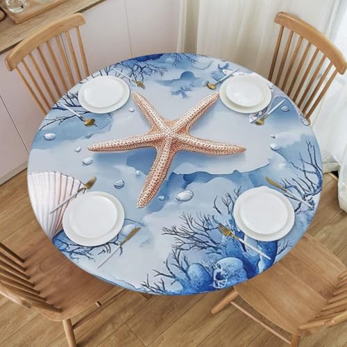 Bedbliss Sommerblaue Tischdecke mit Seestern-Druck, runde Tischdecke mit elastischem Rand, wiederverwendbar, für den Außenbereich, für Küche, Picknick, Patry Indoor von Bedbliss