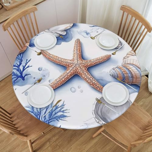 Bedbliss Sommerblaue Tischdecke mit Seestern-Druck, runde Tischdecke mit elastischem Rand, wiederverwendbar, für den Außenbereich, für Küche, Picknick, Patry Indoor von Bedbliss
