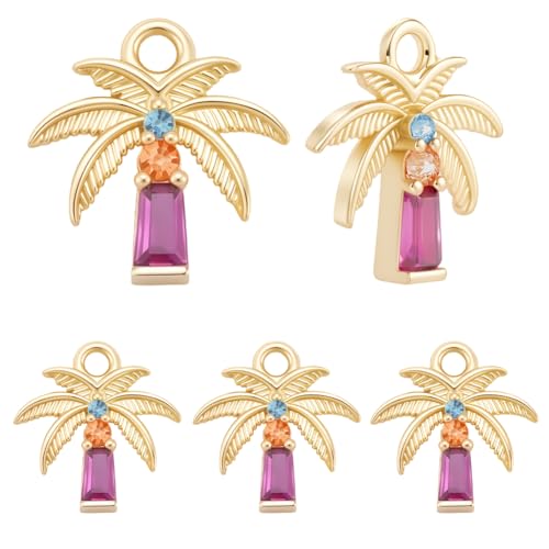 Beebeecraft 1 Box 10 Palmen Charms 18 Karat Vergoldet Zirkonia Bunt Kokosnussbaum Tropische Pflanze Charm Für Schmuckherstellung Halskette DIY Basteln von Beebeecraft