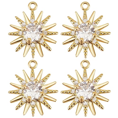 Beebeecraft 1 Box 10 Stück Echte 18K Vergoldete Messing Sonnen Charms Blütenblätter Blumen Überlappung Klare Zirkonia Anhänger Mit Glas Für Die Herstellung von Halsketten von Beebeecraft