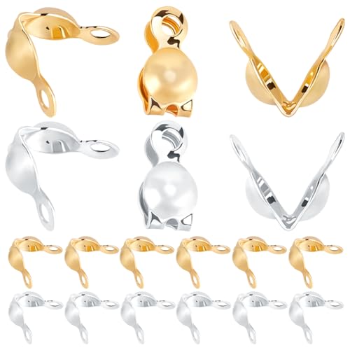 Beebeecraft 1 Box 100 Perlenspitzen Knotenabdeckungen 18 Karat Gold Und 925 Sterling Silber Plattiertes Messing 7mm Umklappbare Perlenspitzen Endkappen Mit Kleinem Loch Für DIY Armbänder von Beebeecraft
