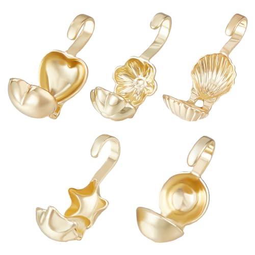 Beebeecraft 1 Box 100 Stück Perlenspitzen 14K Vergoldetes Messing 5 Stile Offene Perlenspitzen Knotenabdeckung Winzige Clamshell Falten Culotte Endkappen Für Knoten Und Crimp 4.5 mm Innendurchmesser von Beebeecraft