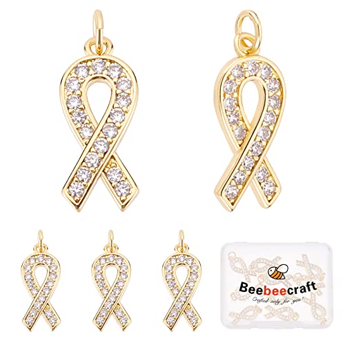 Beebeecraft 1 Box 10Pcs Ribbon Awareness Charms 18K Vergoldet Brustkrebs Hope Charm Anhänger Mit Zirkonia Und Biegeringen Ohrring Armband Halskette Schmuckherstellung von Beebeecraft