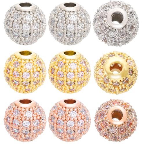 Beebeecraft 1 Box 12 Stück 8 mm Runde Abstandsperlen Messing Zirkonia Perlen 3 Farben Kleine Loch Abstandsperlen Für DIY Armbänder Halsketten Schmuckherstellung von Beebeecraft