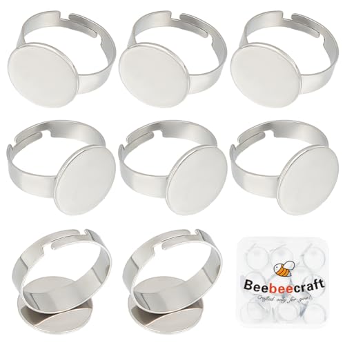 Beebeecraft 1 Box 20 Stück 14.5mm Ringrohlinge aus Edelstahl Flache Ringrohlinge verstellbare Cabochon Ringfassungen runde Finger Ringtrays für die DIY Schmuckherstellung von Beebeecraft