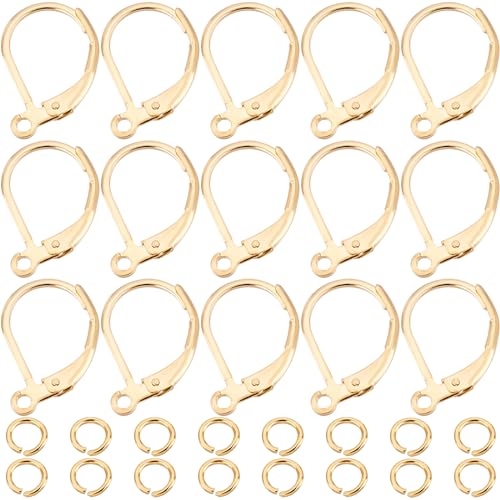 Beebeecraft 1 Box 20 Stück Ohrhaken Mit 24 K vergoldet Plattierte Ohrring Haken 15,6x10mm Ohrring Clip Ohrring Verbinder mit 20Pcs offenen Binderingen für Schmuckherstellung von Beebeecraft