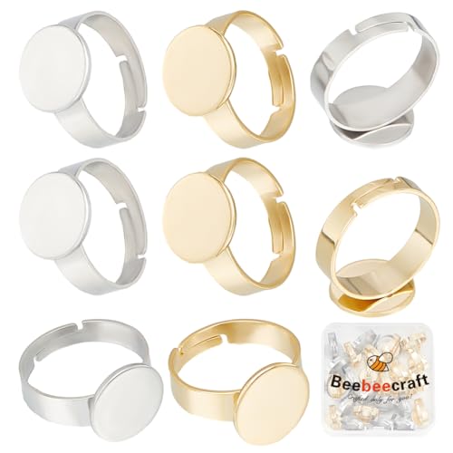 Beebeecraft 1 Box 30 Stücke 2 Farben 12mm Ringrohlinge 24K vergoldet Edelstahl Flache Ring Einstellbarer Cabochon Ringrohling Runde Fingerring Fassungen für DIY Schmuckherstellung von Beebeecraft