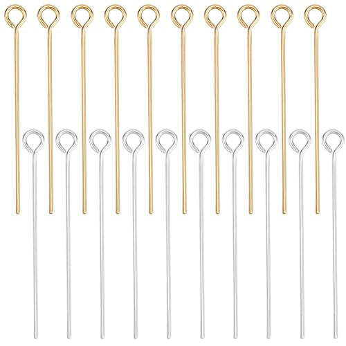 Beebeecraft 1 Box 300 Stück Ösenstifte 18K Gold & 925 Sterling Silber Plattiert Offener Flacher Kopf Biegsame Ösenstifte 25mm Für Die Schmuckherstellung Perlenohrringarmband Halskette DIY von Beebeecraft