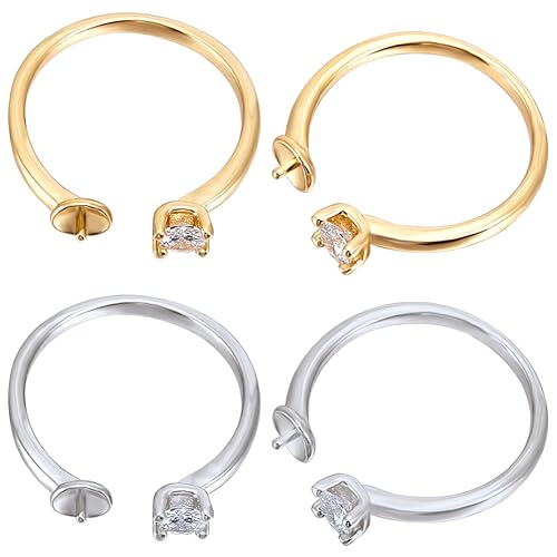 Beebeecraft 1 Box 4 Stück Ringrohlinge 18 Karat Gold Platiniert Zirkonia Verstellbare Fingerring Fassung Für Halbgebohrte Perlenringe Für DIY Schmuckherstellung von Beebeecraft