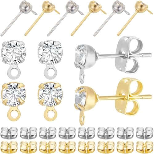 Beebeecraft 1 Box 40 Stück 2 Farben Ohrstecker Zubehör 18 Karat Gold Und Platin Plattiert Zirkonia Ohrstecker Mit Öse Und 40 Stück Schmetterlings Ohrring Verschlüsse Für Die Schmuckherstellung von Beebeecraft