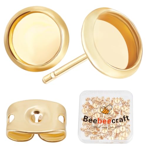 Beebeecraft 1 Box 50 Stück 6mm Ohrring Einfassungen Edelstahl Ohrringe Rohlinge 0,8mm Pin Gold Ohrring Lünette Und 50 Stück Ohrmuttern Für Die Herstellung von Beebeecraft