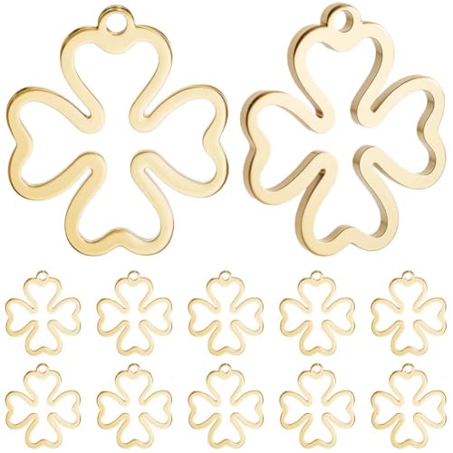 Beebeecraft 1 Box 50 Stück Goldene Kleeblatt Anhänger 18 Karat Vergoldet 304 Edelstahl Flach Vierblättriges Kleeblatt Hohl Für Schmuckherstellung DIY Bastelbedarf St. Patrick von Beebeecraft