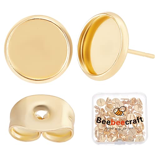 Beebeecraft 1 Box 50 Stück 10mm Ohrring Lünetten Rohlinge 24 Karat Vergoldet Ohrstecker Rohlinge 0,8mm Pin Gold Ohrring Lünette Und 50 Stück Ohrmuttern Für Die Herstellung von Ohrring Schmuck von Beebeecraft