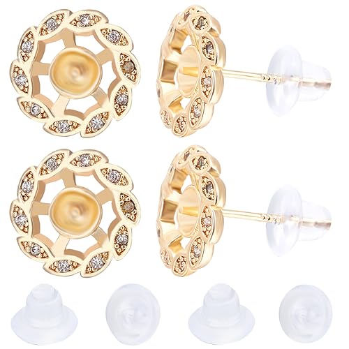 Beebeecraft 1 Box 6 Stück Perlenbecher Ohrringpfosten 18K Vergoldete Zirkonia Blume Runde Ohrstecker Fassungen Für Halbgebohrte Perlen Mit Sterlingsilberstift Und 10 Stück Ohrmuttern Für Die DIY von Beebeecraft