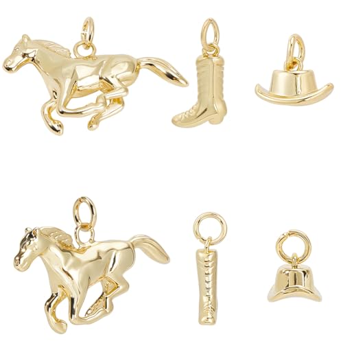 Beebeecraft 1 Box 6 Western Cowboy Charms 18 Karat Vergoldetes Messing Anhänger Mit Pferdehut Und Stiefeln Für Die Herstellung von Schmuck Mit Western Motiven Beebeecraft 1 Box 6 Western Cowboy Charms 18 Karat Vergoldetes Messing Anhänger Mit Pferdehut Und Stiefeln Für Die Herstellung von Schmuck Mit Western Motiven von Beebeecraft
