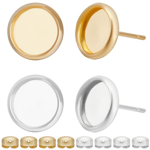 Beebeecraft 1 Box 60 Stück 8mm Leere Ohrsteckerfassungen 18 Karat Gold Und 925 Sterling Silber Plattierter Edelstahl Flache Runde Ohrsteckerfassungen Mit Ohrmuttern Zur Schmuckherstellung von Beebeecraft