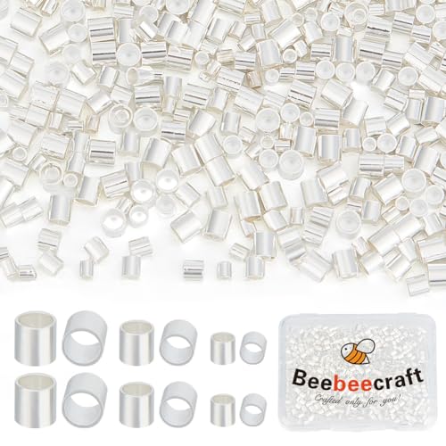 Beebeecraft 1 Box 600 Stück Quetschperlen, versilbert, 3 Größen, Spalten-Abstandshalter mit 1/2/1,5 mm Loch für Armbänder, Halsketten, Schmuckherstellung von Beebeecraft