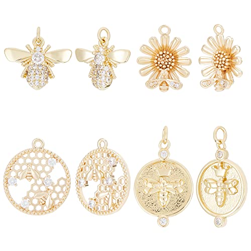 Beebeecraft 1 Box 8 Stück 4 Stil Biene Charms 18K Vergoldet Und Zirkonia Blume Waben Anhänger Charms Insekten Ohrringzubehör Für DIY Schmuckherstellung von Beebeecraft