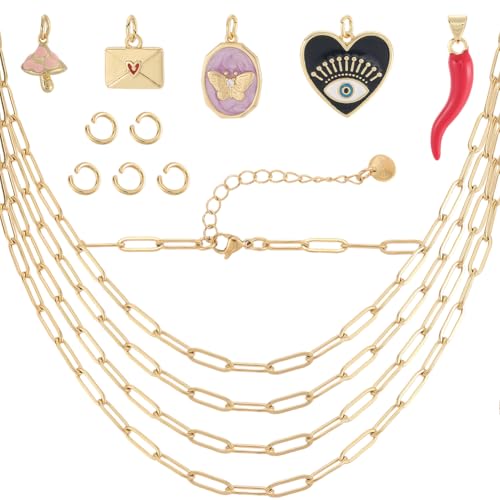 Beebeecraft 1 Box Charm-Armband-Bastelset, 18 Karat vergoldet, 304 Edelstahl, 5 Stück Büroklammer-Ketten für Damen, mit 5 offenen Binderingen, Biene, Teufelsauge, Umschlag, Chili-Pfeffer-Herz-Anhänger Beebeecraft 1 Box Charm-Armband-Bastelset, 18 Karat vergoldet, 304 Edelstahl, 5 Stück Büroklammer-Ketten für Damen, mit 5 offenen Binderingen, Biene, Teufelsauge, Umschlag, Chili-Pfeffer-Herz-Anhänger von Beebeecraft