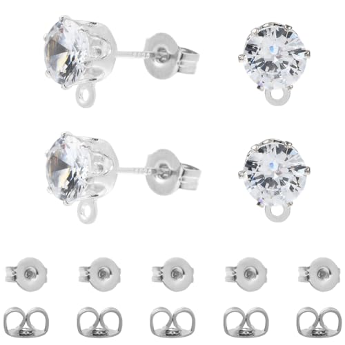 Beebeecraft 1 Box Mit 30 Stück Ohrstecker Zubehör Aus Zirkonia Runder Ohrstecker Mit 925 Stiften Und Schlaufen Aus Sterlingsilber Für Die DIY Schmuckherstellung von Beebeecraft