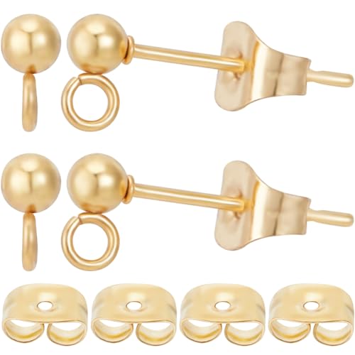 Beebeecraft 1 Box Mit 50 Stück 3 Mm Kugel Ohrsteckern Für Die Schmuckherstellung 24K Vergoldete Edelstahl Ohrringpfosten Ohrring Hakenschlaufe Mit 50 Stück Ohrring Verschlüssen Ohrringe von Beebeecraft