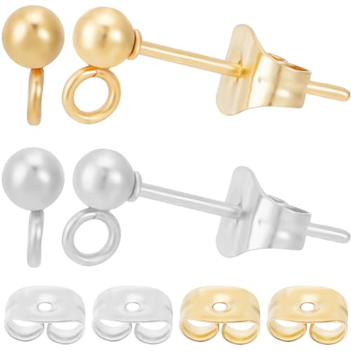 Beebeecraft 1 Box mit 100 Stück 2 Farben 3 mm Kugelstecker Ohrstecker, 24 Karat vergoldeter Edelstahl, runde Geometrie-Pfosten-Ohrstecker mit Schlaufe und 100 Stück Ohrmuttern für von Beebeecraft