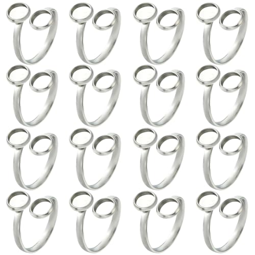 Beebeecraft 1 Box mit 16 verstellbaren Blankoringen, 304 Edelstahl, Ringlünette, Cabochon-Basiseinstellungen für Schmuckherstellung, DIY-Zubehör von Beebeecraft