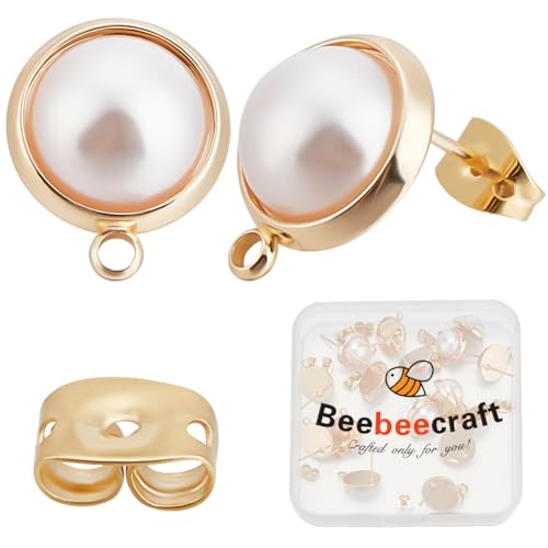 Beebeecraft 1 Box mit 20 Stück Perlenohrringpfosten, 18 Karat vergoldetes Messing, runde Ohrstecker mit ABS-Kunststoff-Imitationsperlen für die Schmuckherstellung von Ohrringen von Beebeecraft