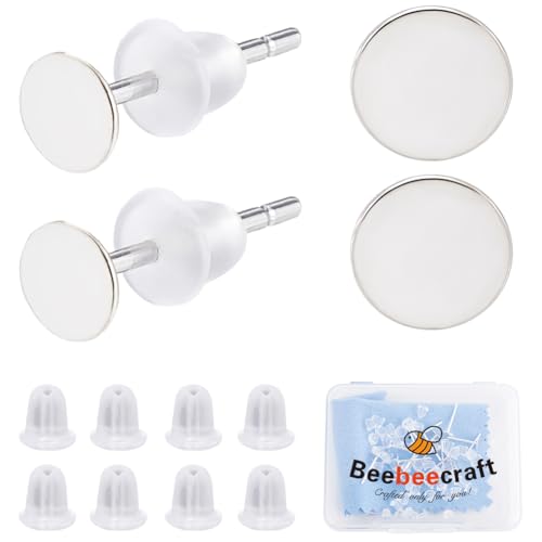 Beebeecraft 1 Box mit 20 flachen Ohrsteckern, 925er Sterlingsilber, Cabochon-Einstellungen mit 50 Ohrmuttern und 1 Silber-Poliertuch für DIY-Schmuckherstellungs-Set (Tablett: 5 mm) von Beebeecraft