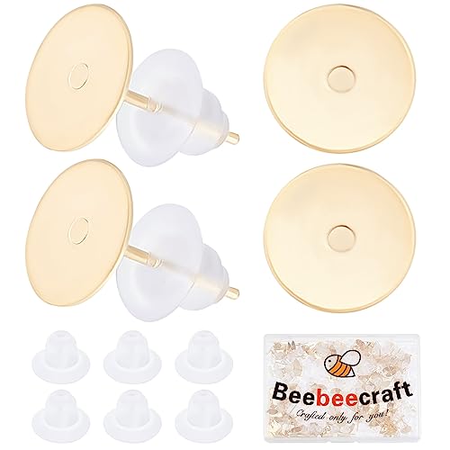 Beebeecraft 1 Box mit 200 Stück Ohrring-Cabochon-Einstellungen, 24 Karat vergoldeter Edelstahl, blanko, Ohrstecker, Lünettenpfosten mit 200 Stück Kunststoff-Ohrmuttern für DIY-Ohrstecker von Beebeecraft