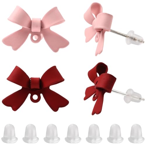 Beebeecraft 1 Box mit 32 Schleifenohrringen, Legierung, rosa und rot, Schleife, Ohrstecker, mit 925er Sterlingsilber-Pins und Schlaufe für Schmuckherstellung, Bastelzubehör von Beebeecraft
