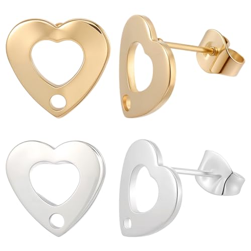 Beebeecraft 1 Box mit 40 Herz-Ohrringen, 24 Karat vergoldet, 316 Edelstahl, hohl, Herz-Ohrstecker mit Schlaufe für Schmuckherstellung, Valentinstag von Beebeecraft