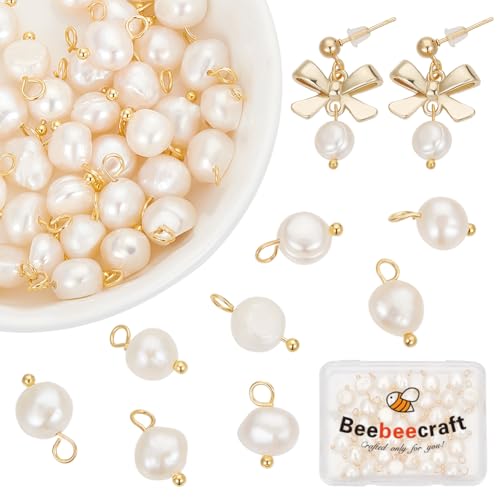 Beebeecraft 1 Box mit 40 ovalen Perlen-Charms, Süßwasser-Zuchtperlen, weiße Anhänger mit goldenem Messing-Kugelkopf für DIY-Armbänder, Halsketten, Schmuckherstellung von Beebeecraft