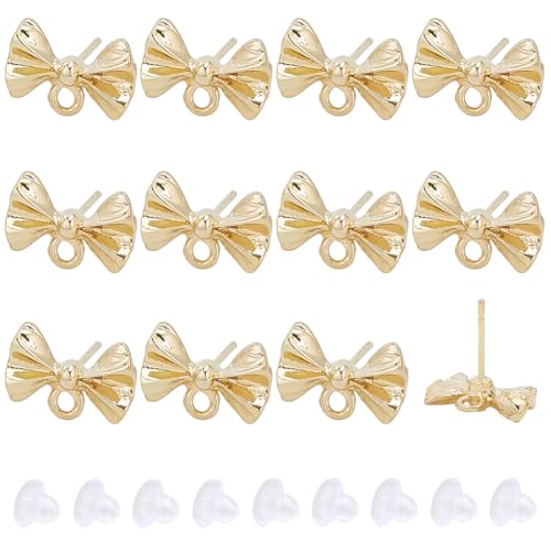 Beebeecraft 1 Box mit 60 Schleifen-Ohrringen, Legierung, Gold, Fliege, Ohrstecker, mit Loch, 304 Edelstahlstift und 60 Stück Kunststoff-Ohrmuttern für Schmuckherstellung, Zubehör, DIY-Zubehör von Beebeecraft