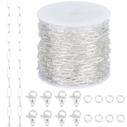 Beebeecraft 1 Rolle 16.4 Fuß/5 m Büroklammerkette Zur Schmuckherstellung 925 Sterling Versilberte Messingkabelketten Mit 10 Karabinerverschlüssen Und 50 offenen Biegeringen Für Halsketten Armband von Beebeecraft
