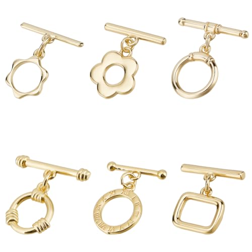 Beebeecraft 12 Sets 6 Stile Knebelverschlüsse Für Schmuck Echte 18 Karat Vergoldete T Stab Verschlüsse Für Halsketten Runde Blumenform IQ Schmuckverschluss Verbinder Schnalle Zur Schmuckherstellung von Beebeecraft