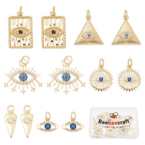 Beebeecraft 12 Stück 6 Stil echte 18 Karat vergoldete Böser Blick Charms Bulk Zirkonia Türkischer böser Blick Kristall Anhänger Perlen mit Biegering für DIY Schmuckherstellung von Beebeecraft