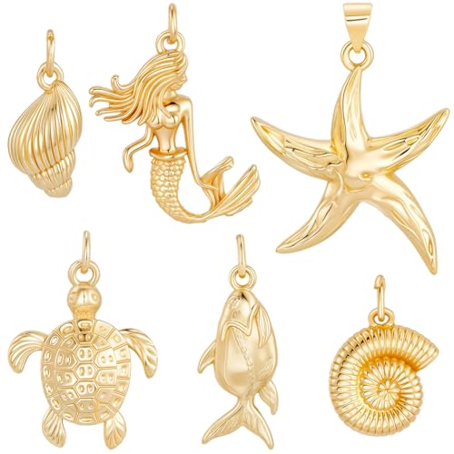 Beebeecraft 12 Stück Charms Mit Sommermotiven In 6 Stilen Zum Basteln 18 Karat Vergoldet Muschel Schildkröte Fisch Seestern Meermann Meeresmuschel Ozean Meer Charms Mit Biegering Für DIY Ohrringe von Beebeecraft