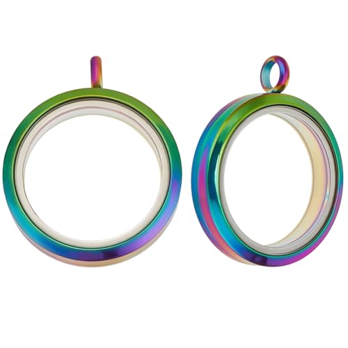 Beebeecraft 2 Stück Medaillon Mit Schwimmendem Charm 304 Medaillon Anhänger Aus Edelstahl Flach Rund Regenbogenfarben Memory Glas Für Perlenkäfig Halskette 36.5x30x7 Mm (Ohne Kette) von Beebeecraft