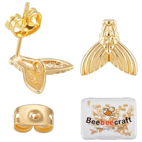 Beebeecraft 20 Stück Fischschwanz-Ohrstecker Mit Schlaufen, 18 Karat Vergoldet, Meerjungfrau, 10 mm, Ohrstecker-Beschläge Mit 20 Stück Ohrmuttern Für Die DIY-Schmuckherstellung Im Sommer von Beebeecraft
