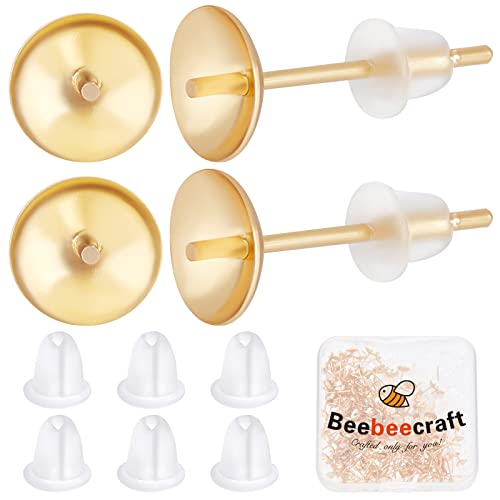 Beebeecraft 200 Stück Perlen-Cup-Ohrring-Stifte 24 Karat Vergoldete Ohrstecker-Zubehörteile Für Halbgebohrte Perlen Mit 200 Stück Kunststoff-Ohrmuttern-Stift 0.8 mm Für DIY-Ohrsteckerherstellung von Beebeecraft