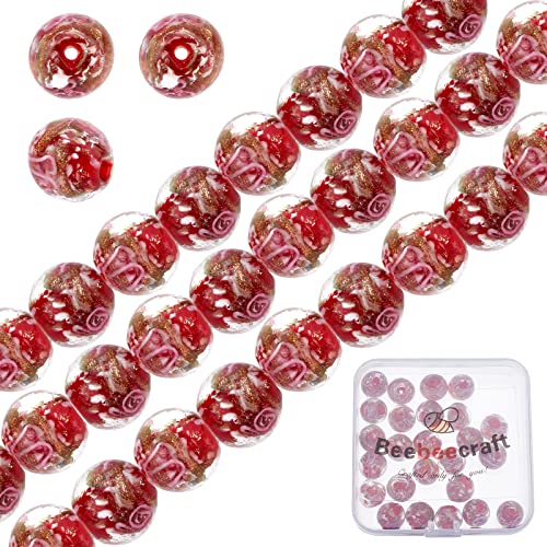 Beebeecraft 30 Stück 12 mm Lampwork Glasperlen Gold Sand Lampwork Runde Lose Abstandsperlen Blume Intarsien Abstandsperlen Für Armband Halskette Rosenkranzherstellung (Rot) von Beebeecraft