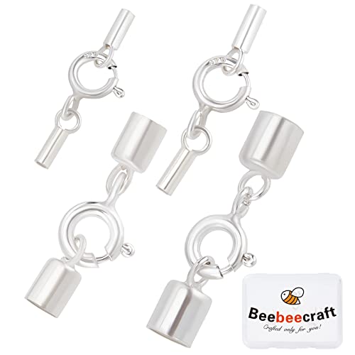 Beebeecraft 4 Sets 4 Größe 925 Sterlingsilber-Kordelenden Zum Einkleben Mit Crimp-Ende Mit Karabinerverschluss Für Lederbänder, Halsketten, DIY-Herstellung von Beebeecraft