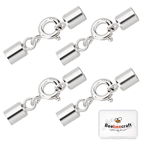 Beebeecraft 5 Sets 925 Endkappen Aus Sterlingsilber Crimp Endkappen Zum Einkleben Mit Karabinerverschluss Für Die Herstellung von Lederbändern von Beebeecraft