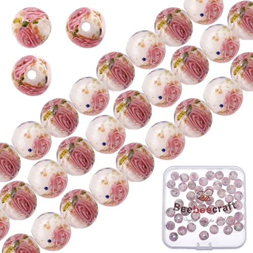 Beebeecraft 50 Stück 8 mm Lampwork Glasperlen Gold Sand Lampwork Runde Lose Zwischenperlen Blume Intarsien Zwischenperlen Für Armband Halskette Rosenkranzherstellung (Weiß) von Beebeecraft