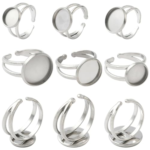 Beebeecraft 6 Stück 3 Stile Cabochon Ringrohlinge 304 runde Offene Ringsockelfassungen Aus Edelstahl Für Die Schmuckherstellung (Tablett: 10/12/14mm) von Beebeecraft