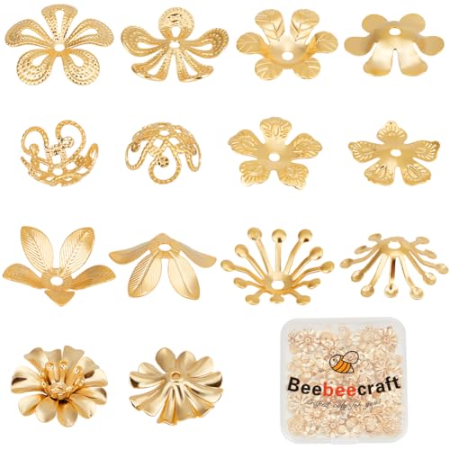 Beebeecraft 70 Stück Blumenperlenkappen aus echtem 24 Karat vergoldetem Messing, Abstandshalter, Endkappen, Schmuck-Stopper, lose Perlenkappen für Schmuckherstellung, Halsketten, Armbänder, Ohrringe von Beebeecraft