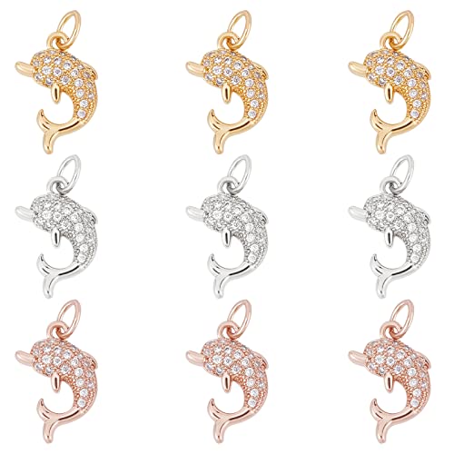 Beebeecraft 9 Stück 3 Farben Delphin Charms Messing Und Zirkonia Anhänger Charms 14x9x2.5 mm Mit Biegeringen Für Die Schlüsselanhänger Halskette DIY Bastelbedarf von Beebeecraft