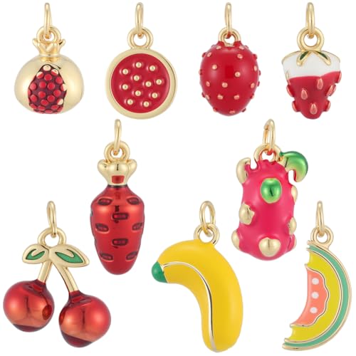 Beebeecraft 9 Stück 9 Stile Mixed Fruit Charm 16K Vergoldet Anhänger Melone Drachenfrucht Banane Erdbeere Karotte Granatapfel Kirsche Emaille Charm Schmuck Herstellung Halskette Armband Ohrringe von Beebeecraft